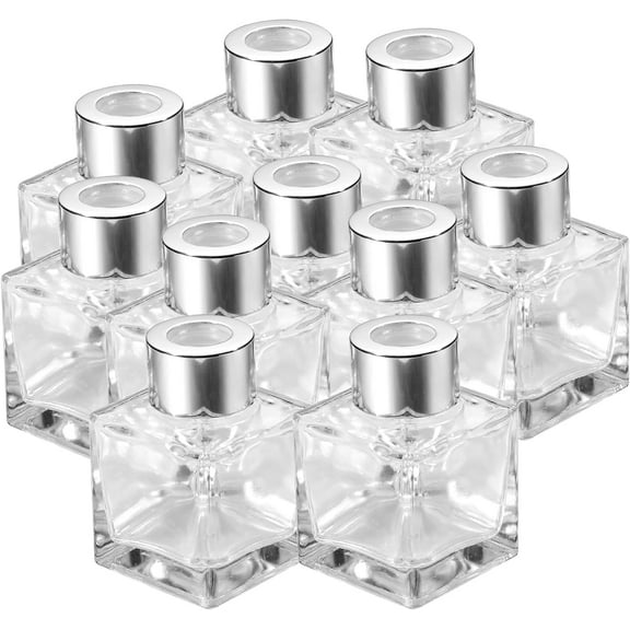 10 Set Square Glass Diffuser Bottles with Silver Caps Refillable Diffuser Bottles Set 1.7oz Empty Reed Diffuser Jar Ideal for Essential Oils Reed Sticks Home Fragrance