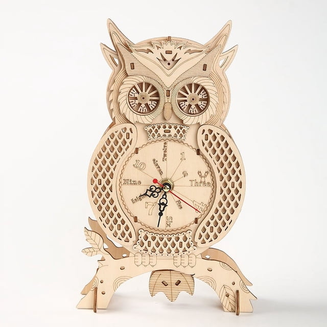 Kits creativos de modelos de reloj de búho 3D, reloj de escritorio de rompecabezas de madera, madera mecánica práctica
