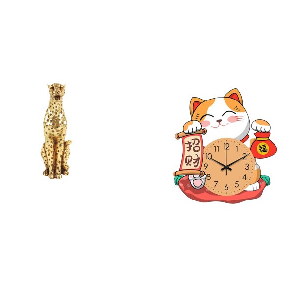 1 Figura de , estatua dorada de animal, reloj de pared de gato, escultura de resina, silencioso, sin , adorno de reloj de gato adecuado