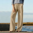 thumbnail image 5 of Miluxas Women's Cotton Linen Pants Casual Elastic High Waisted Wide Leg Pant Solid Loosee Trousers with Pockets Khaki, 5 of 9