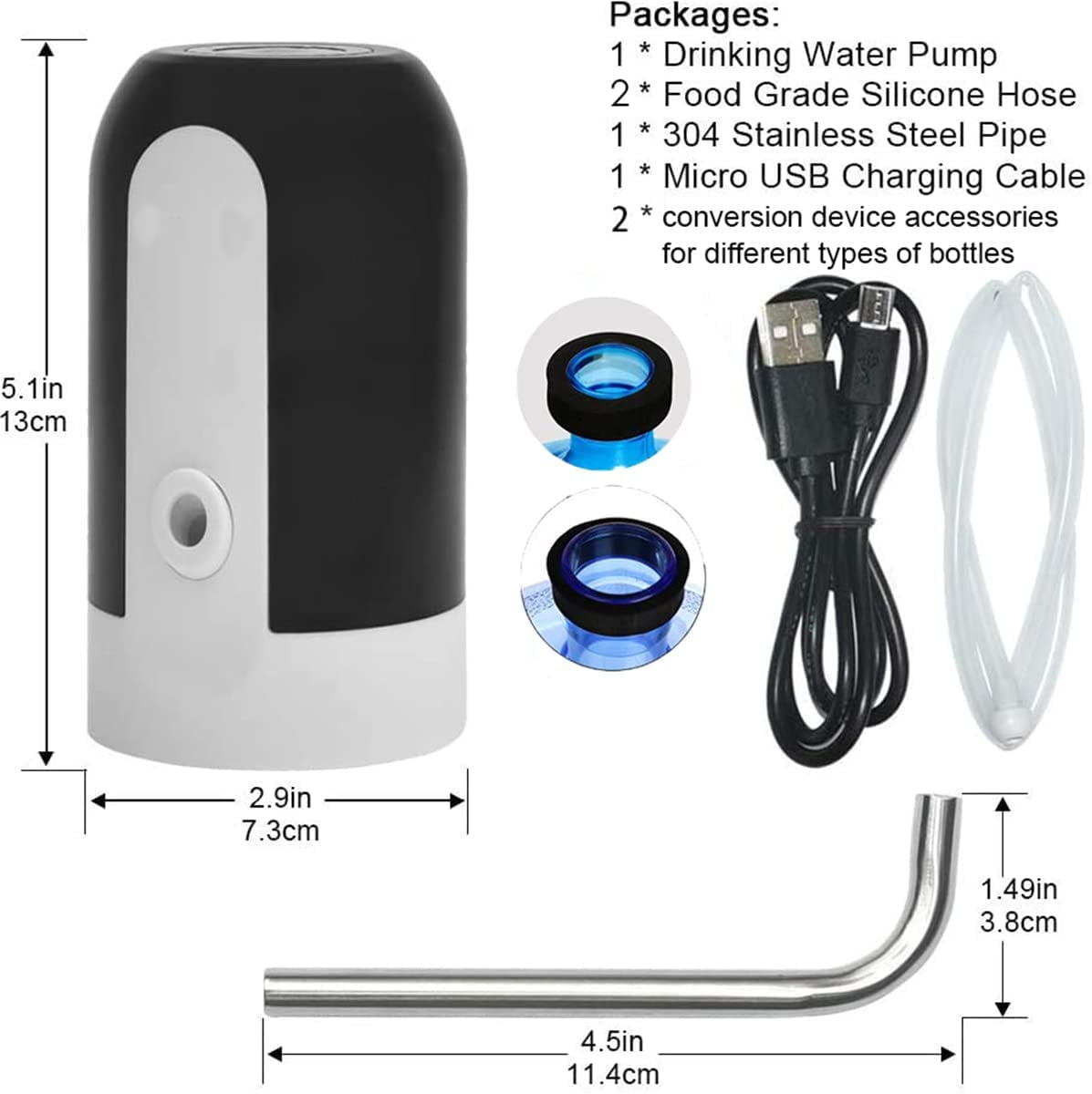 Water Bottle Pump Bonus 2 Adapters for Various Caliber Water Jugs,USB Rechargeable Automatic Drinking Water Switch,Portable Electric Water Dispenser with 2 Free to Cut Hoses. 