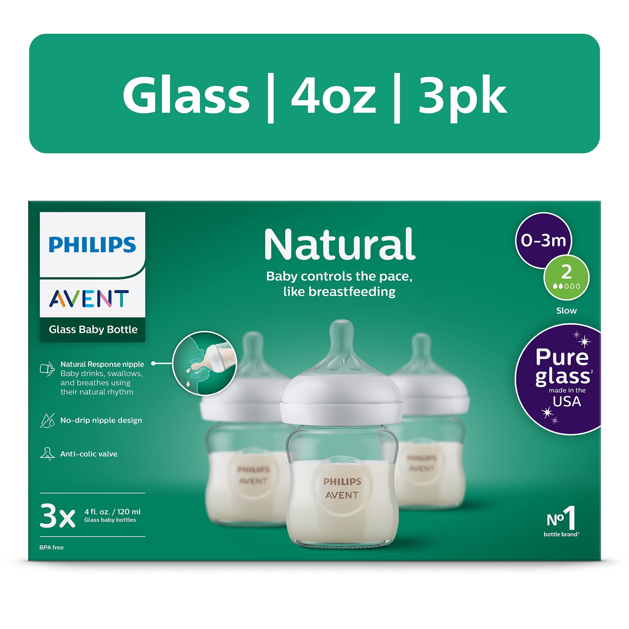 Philips Avent Natural Glass Baby Bottles with Natural Response Nipples (Slow Flow, Flow 2), 4oz, 4-Pack, SCY910/03