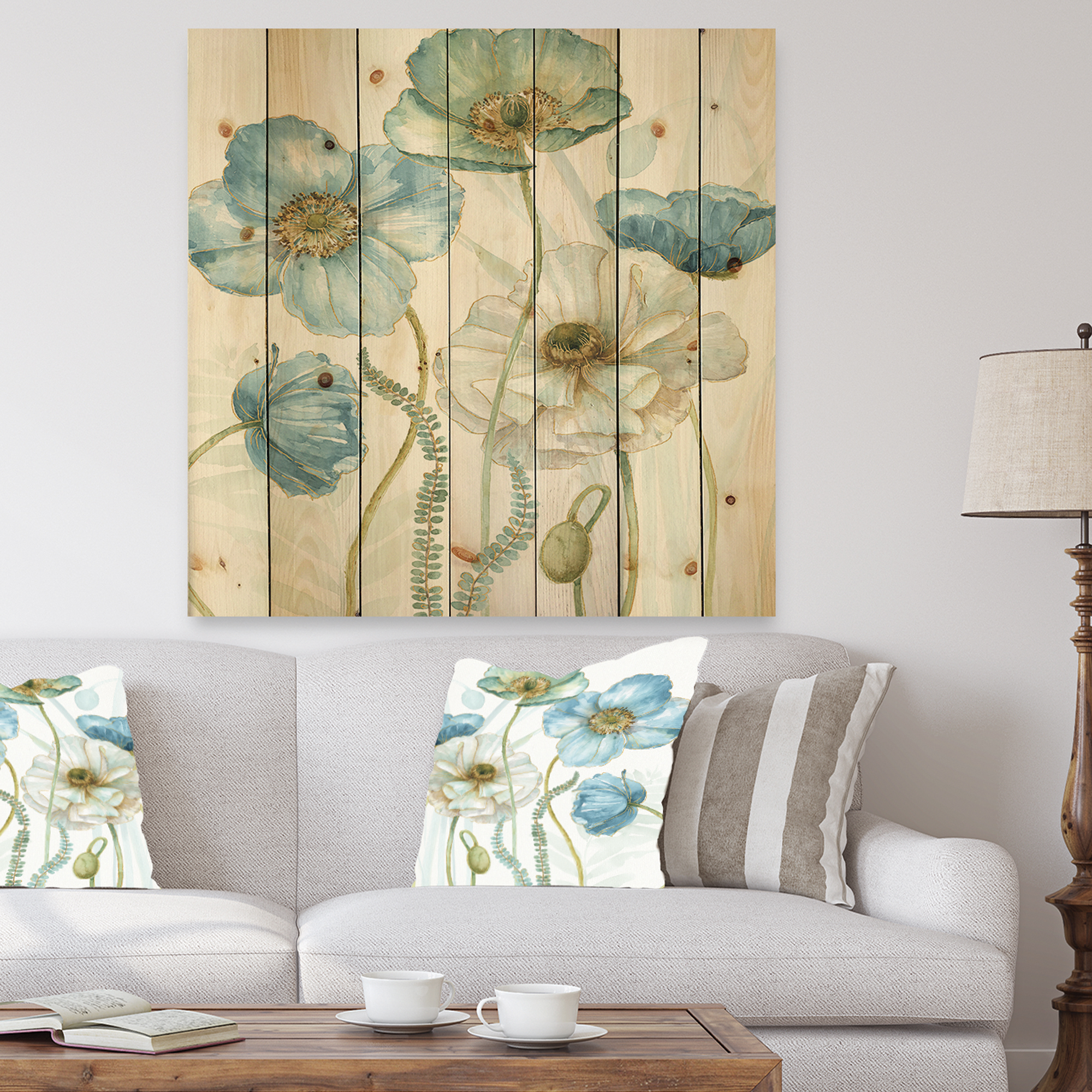 Designart 'Abstract Blue Cottage Flowers Drawing II' Farmhouse Print on Natural Pine Wood