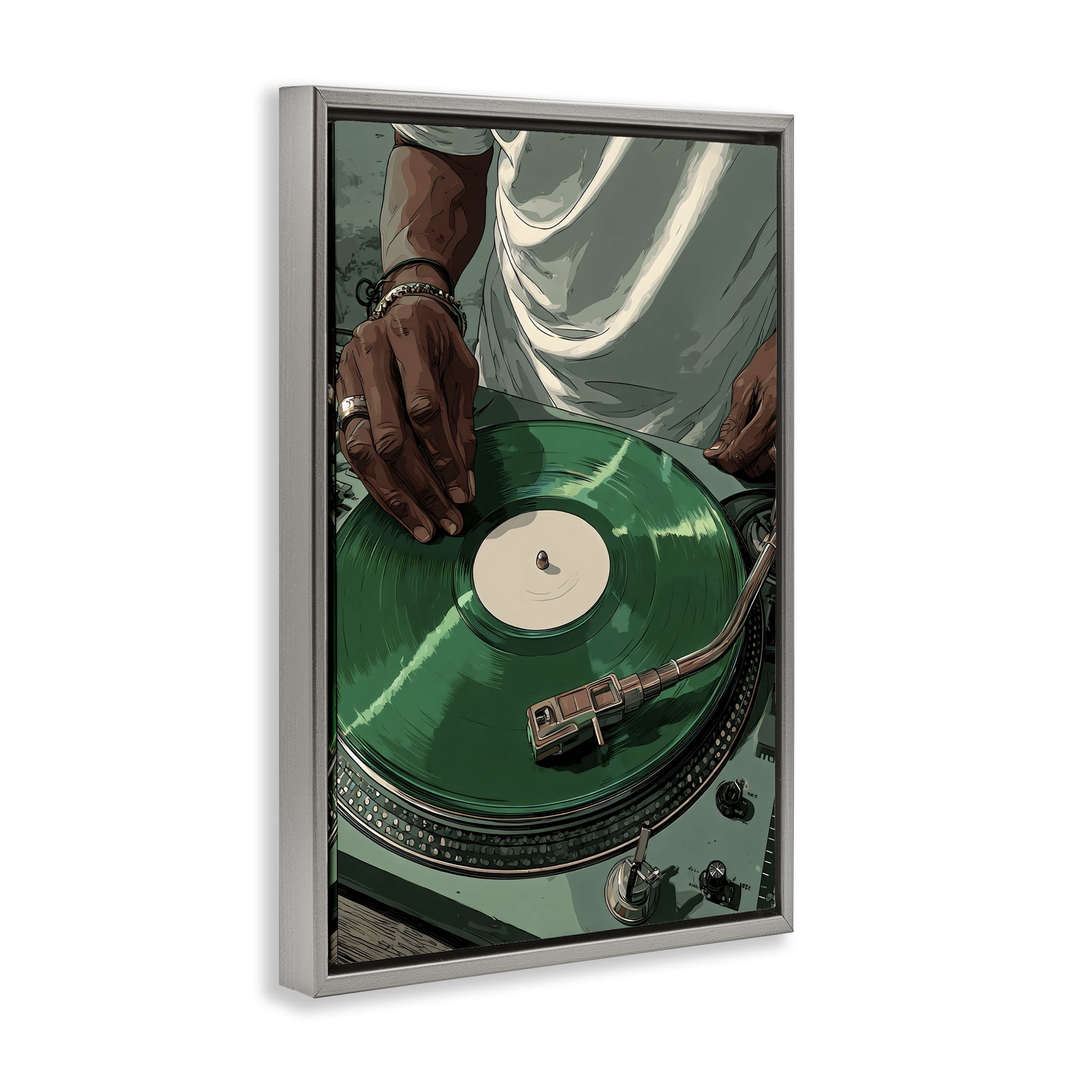 Stupell Industries DJ Spinning Green Record Gray Framed Floater Canvas Wall Art, design by Franklyn Gregory