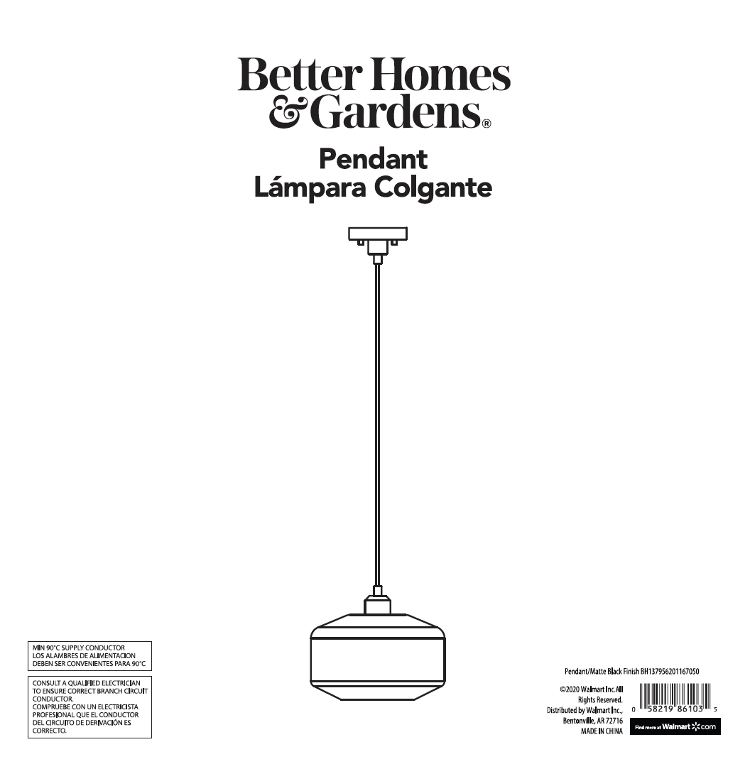 Better Homes & Gardens Matte Black Finish 1 Light Pendant with Clear Glass Shade