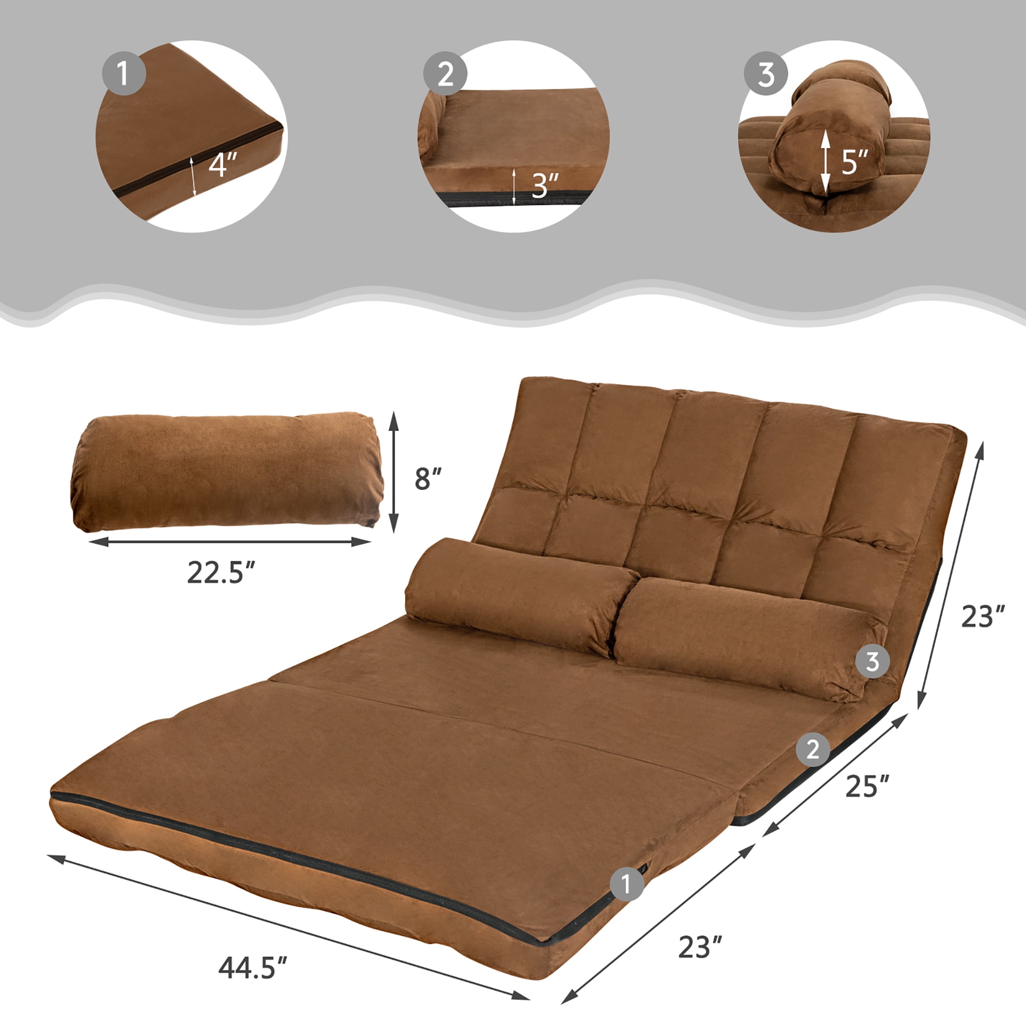 Costway Foldable Floor Sofa Bed 6-Position Adjustable Couch w/ 2 Pillows Brown