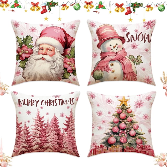 4 pcs Fundas Navideñas para Cojines, Fundas Cojines 45x45cm, Decorativos Fundas de Cojín, Funda de Almohada de Lino de Algodón Deárbol de Navidad y Papá Noel, Fundas para Cojines de Sofa (Rosa)