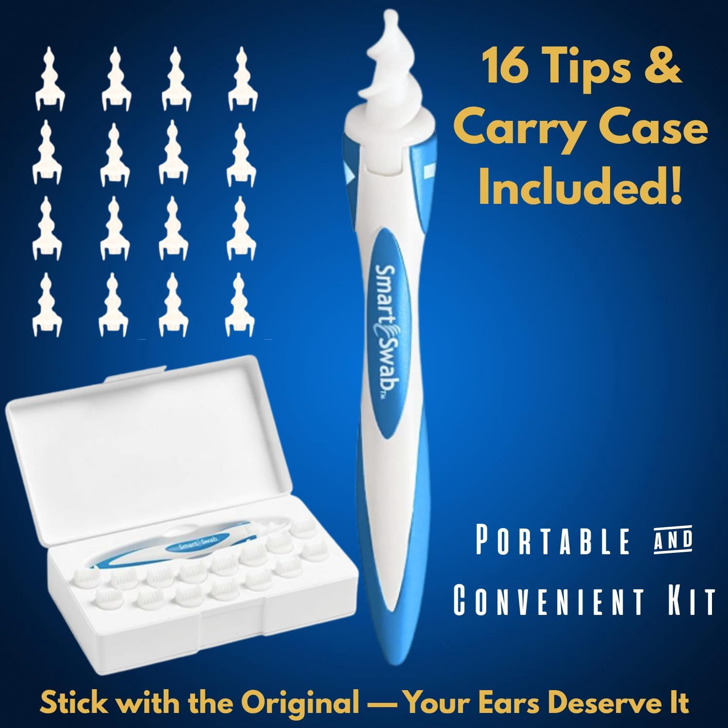 Smart Swab Ear Cleaner, Original Patented Spiral Ear Wax Removal Kit with Safety Base, 16 Soft Silicone Tips and Storage Case