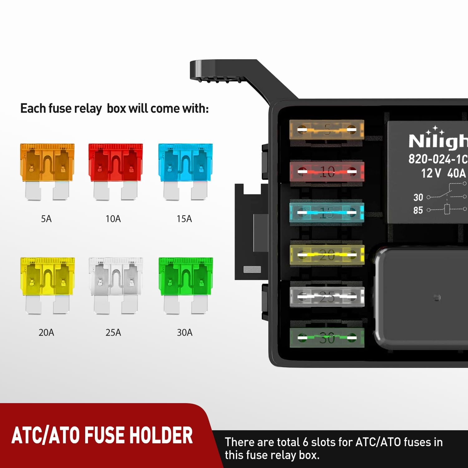 Nilight 12V Fuse Relay Box 6 Relays 6 Slots ATC/ATO Blade Fuse Holder 4Pin 5Pin  40A Relay Pre-Wired Waterproof Block Kit Universal for Automotive Car Truck Camper Boat