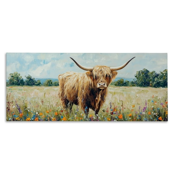 Stupell Industries Highland Cow Meadow Canvas Wall Art design by Petal Prints Design, 10 x 24