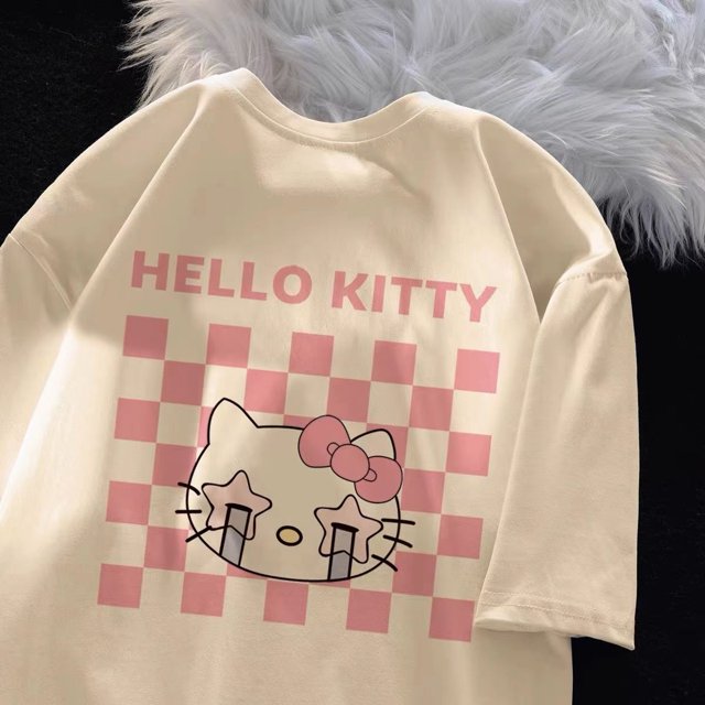 Camiseta Kawaii Sanrios Anime Hello Kitty Kuromi para niños, camiseta de manga corta de algodón, Top versátil suelto, regalo de verano