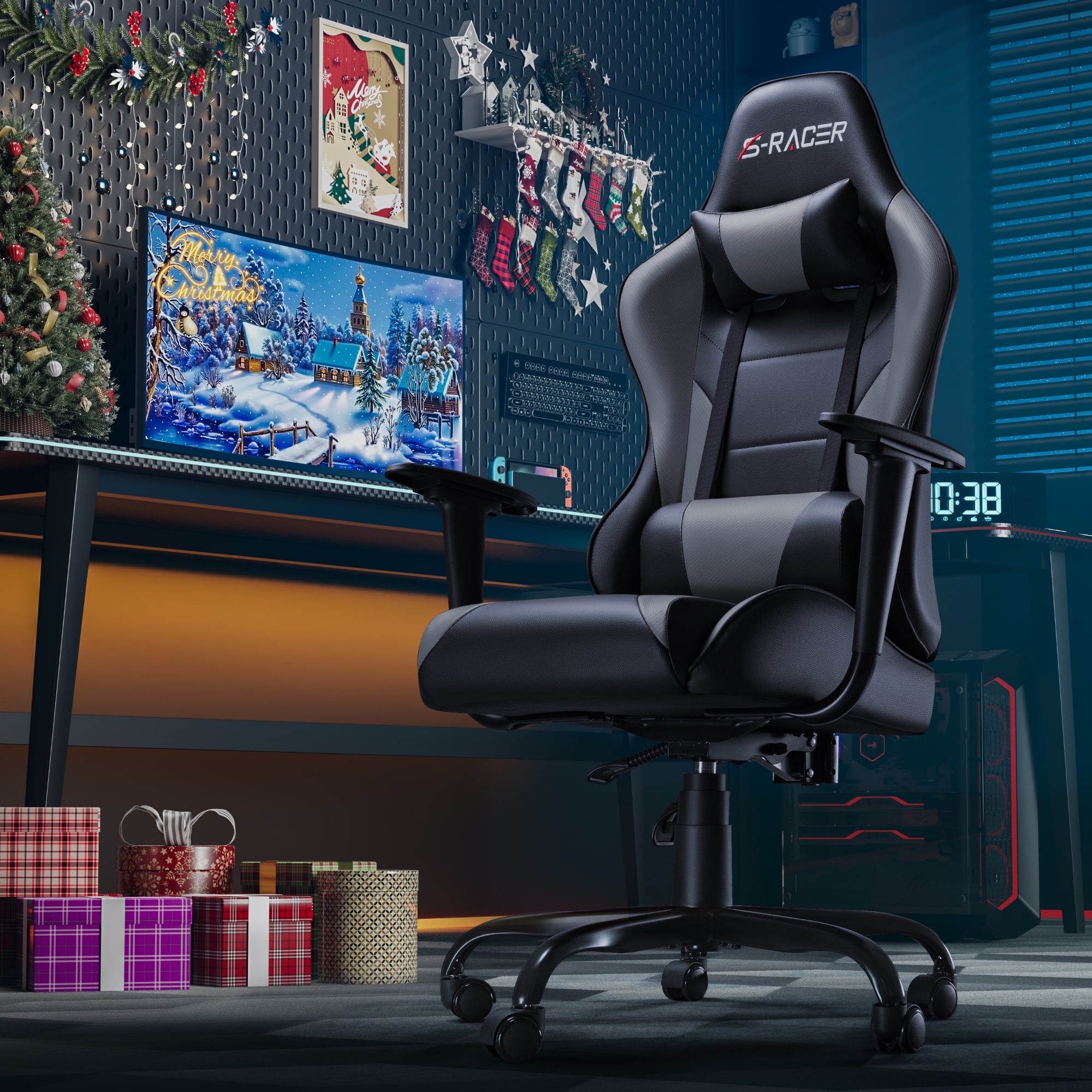 Homall Gaming Chair Office Chair High Back Racing Computer Chair PU Leather Adjustable Seat Height Swivel Chair Ergonomic Executive Chair with Headrest, Gray