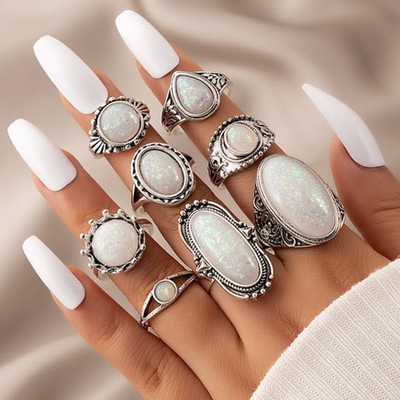 8Pcs Turquoise Finger Rings Set Gothic Alloy Jewelry for Women White Inner Diameter 18mm White