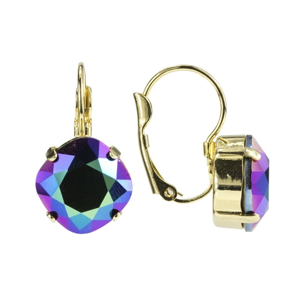 Swarovski Element Scarabaeus Green PINK Crystal 12mm Cushion Cut Leverback Earrings Bridal, Bridesmaid Nickel Free