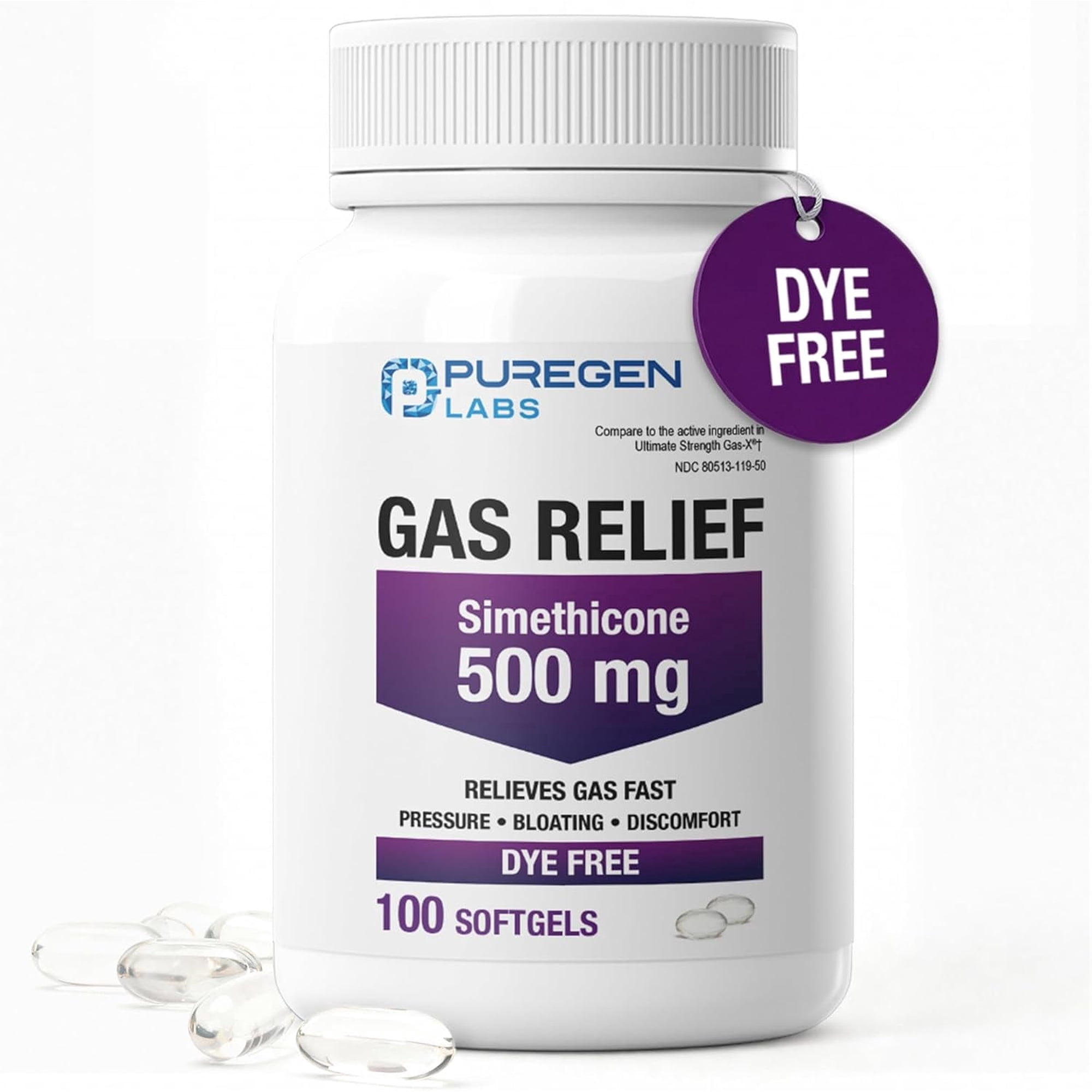 Puregen Labs Gas Relief with Simethicone 500 mg, Dye Free, Fast Relief - 100 Softgels