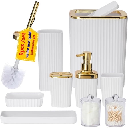 Bathroom Accessories Set,9 Piece White Bathroom Sets Complete With Toothbrush Holder, Trash Can, Lotion Soap Dispenser, Toothbrush Cup, Vanity Tray, Soap Dish, Toilet Brush, Qtip Holder