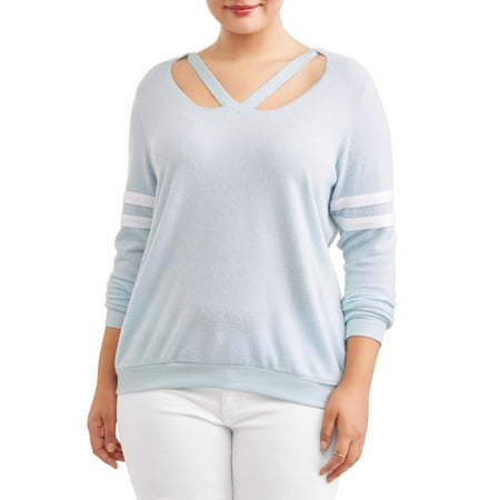 Eye Candy Juniors' Plus Size V-Neck Cutout Varsity Sweatshirt