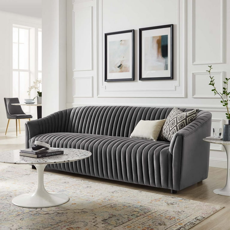 Tufted Sofa Charcoal Grey Gray Velvet Modern Contemporary Mid