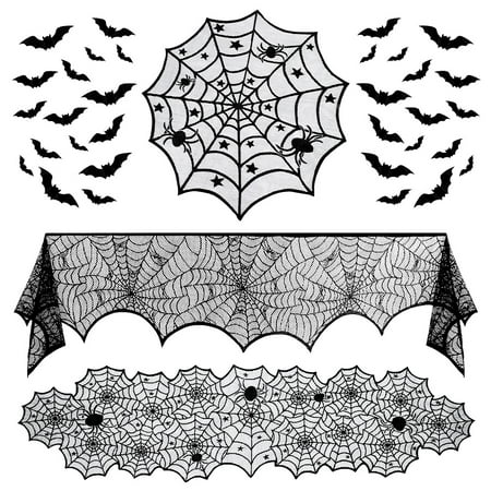 

Hemoton Halloween Lace Tablecloth Fireplace Scarf Spider Web Table Runner Fireplace Mantle with Bat Stickers for Halloween Living Room Dining Room Party Decoration (Black)