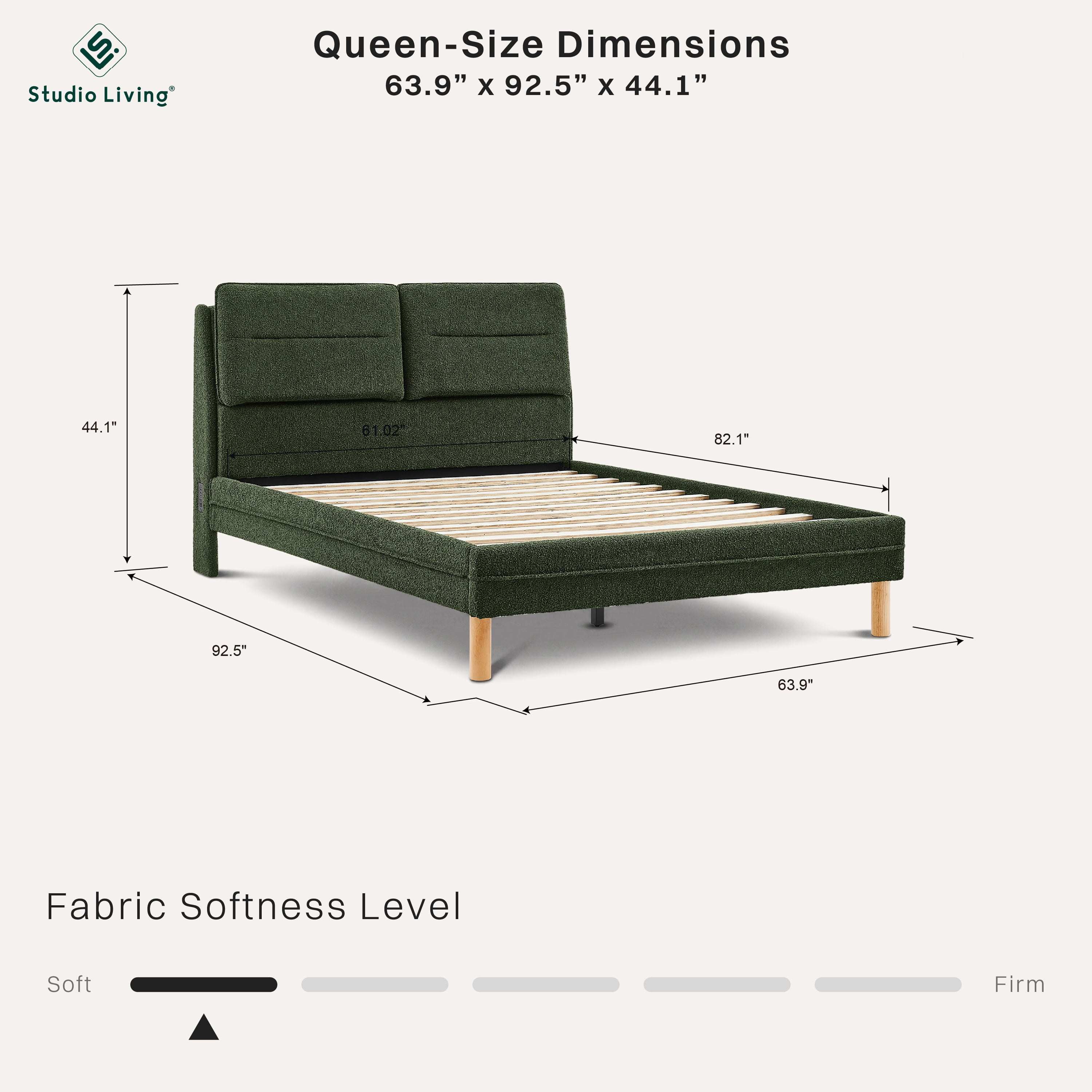 Studio Living Emilia Upholstered Queen Size Bed with Storage Headboard, Green