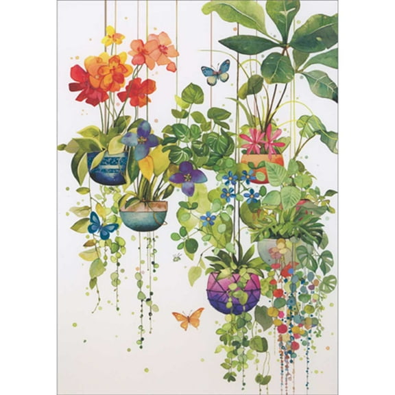 Bug Art Hanging Plants in Colorful Pots, Blue Foil Butterflies and Flowers Blank Note Card