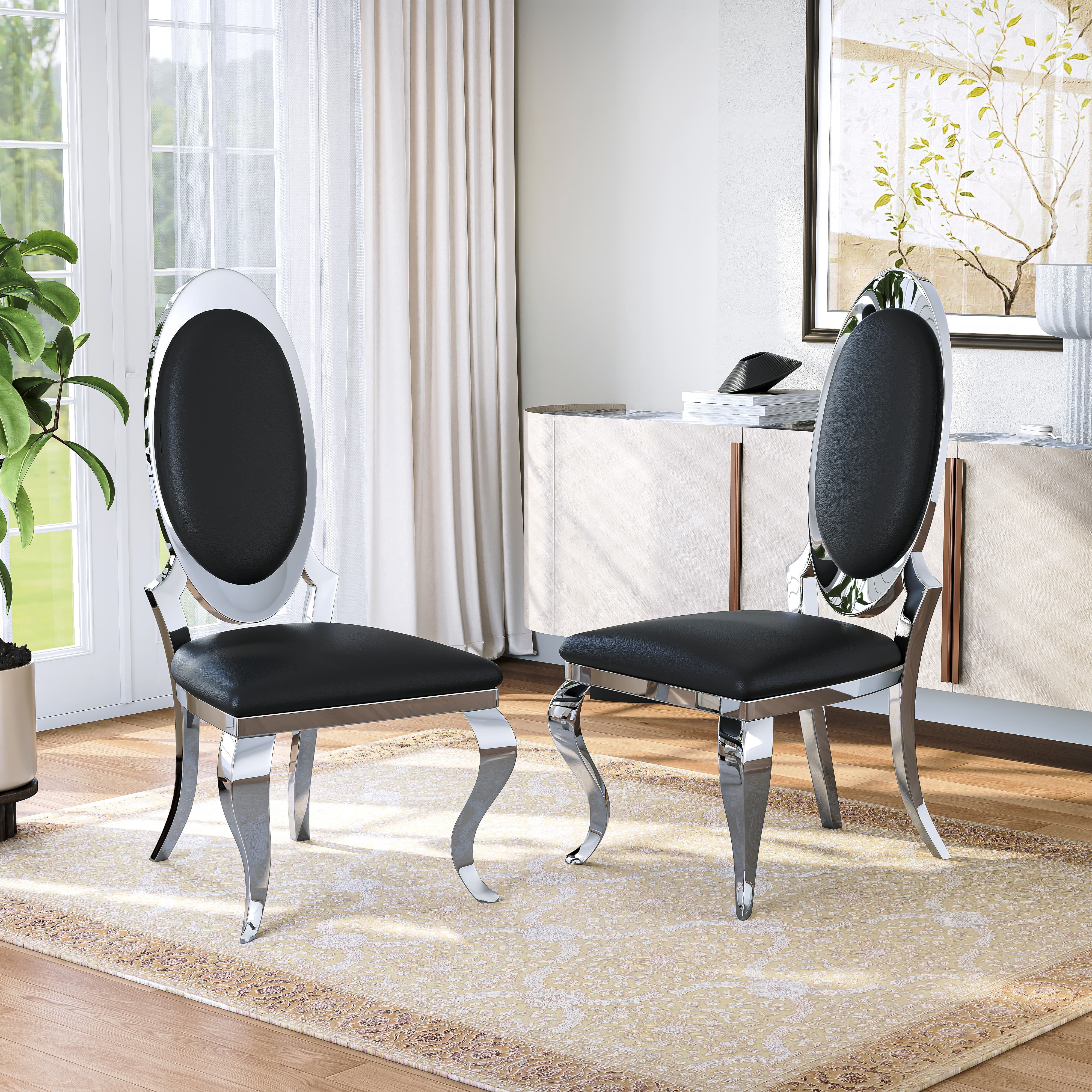 Luxury Dining Chairs Set of 2, Oval Back PU Upholstered Chairs with Stainless Steel Cabriole Legs, Dining Chairs for Kitchen, Living Room, Office