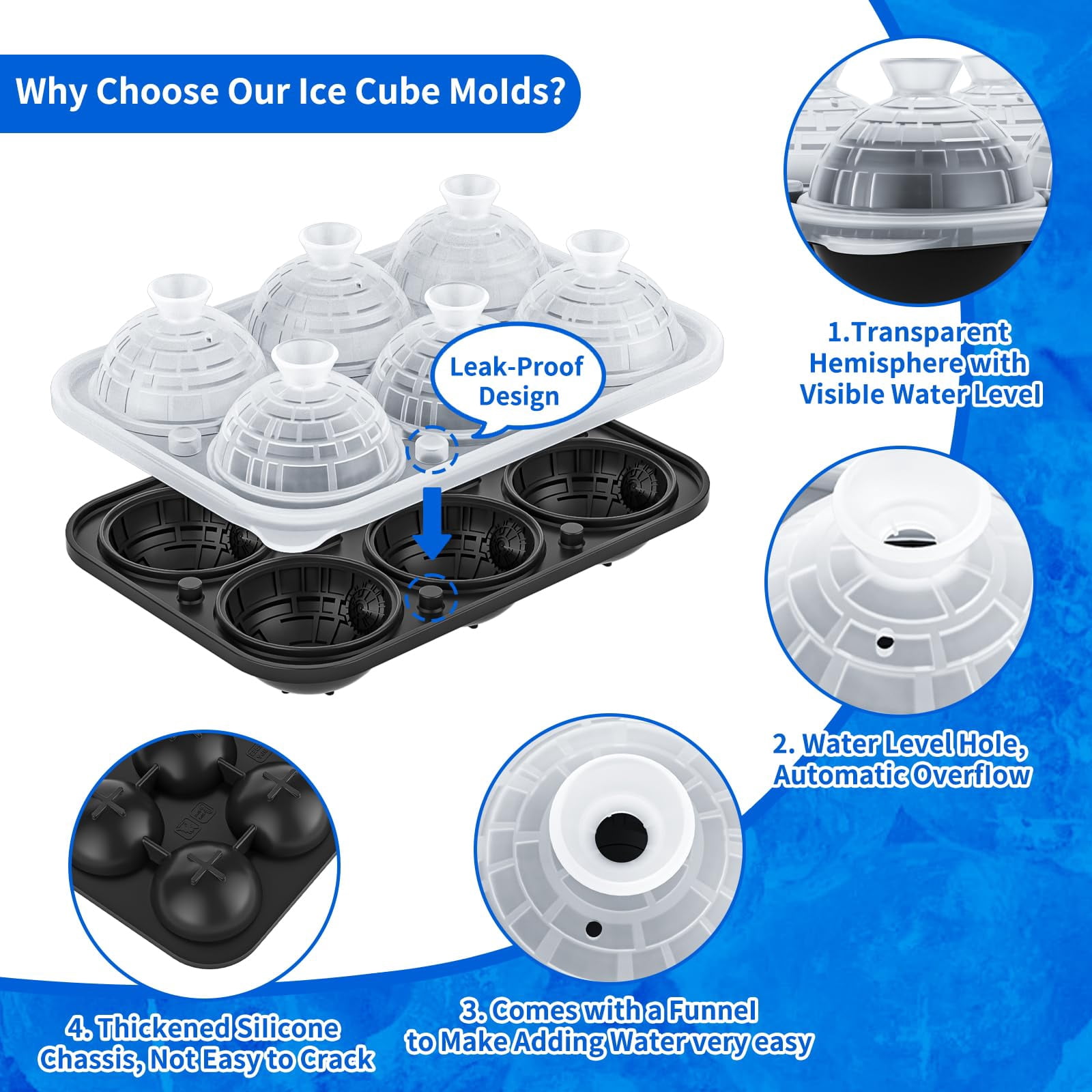 6 Chamber 2.34" 3d Death Star Ball Ice Cube Tray With Funnel Large Round Molds Silicone Fun Shapes Circle For Chilling Brandy And Beverages