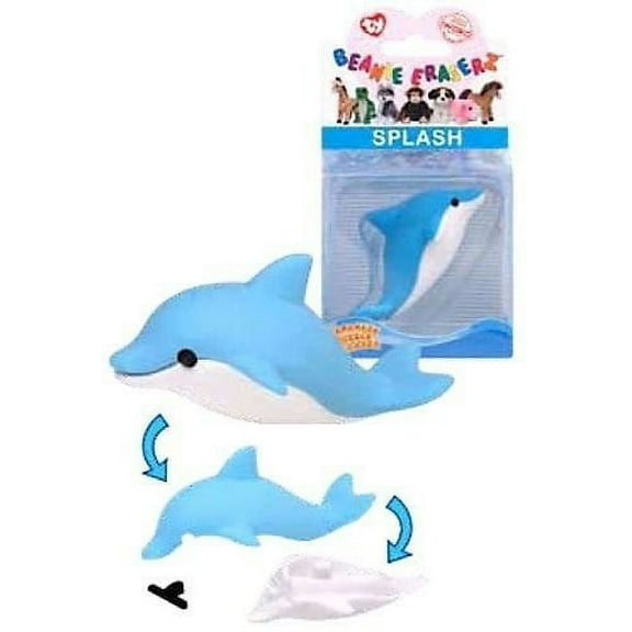 Ty Beanie Babies Eraserz - SPLASH the Dolphin Iwako Japanese Puzzle Eraser (BONUS 1 FUN CHOPS & 1 ZIPPER BRACELET)