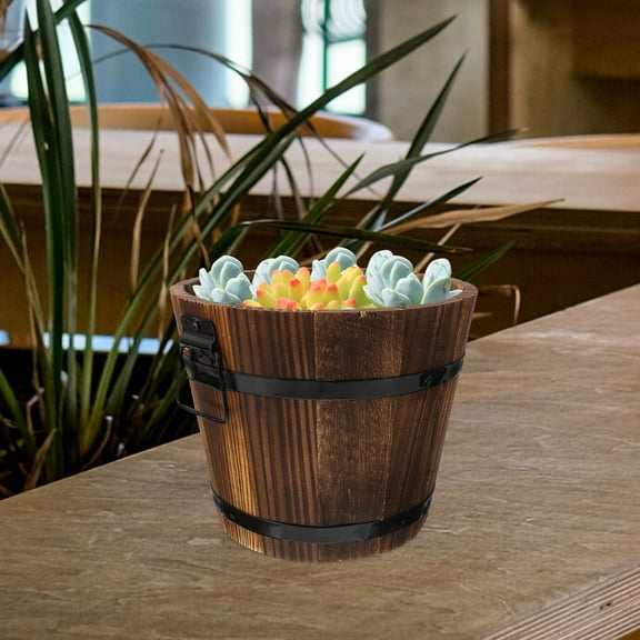 2pcs wood planter Wooden Planter Round Rustic Planter Box Wood Barrels Flower Pot Container wooden bucket Box garden decor