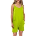 thumbnail image 1 of Combinaisons Sans Manches pour Filles, Col en V, Bretelles Spaghetti, Short une-Pièce avec Poches, Décontracté, Extensible, Salopette Courte pour Enfants, Vert, 7-8 Ans, 1 of 9