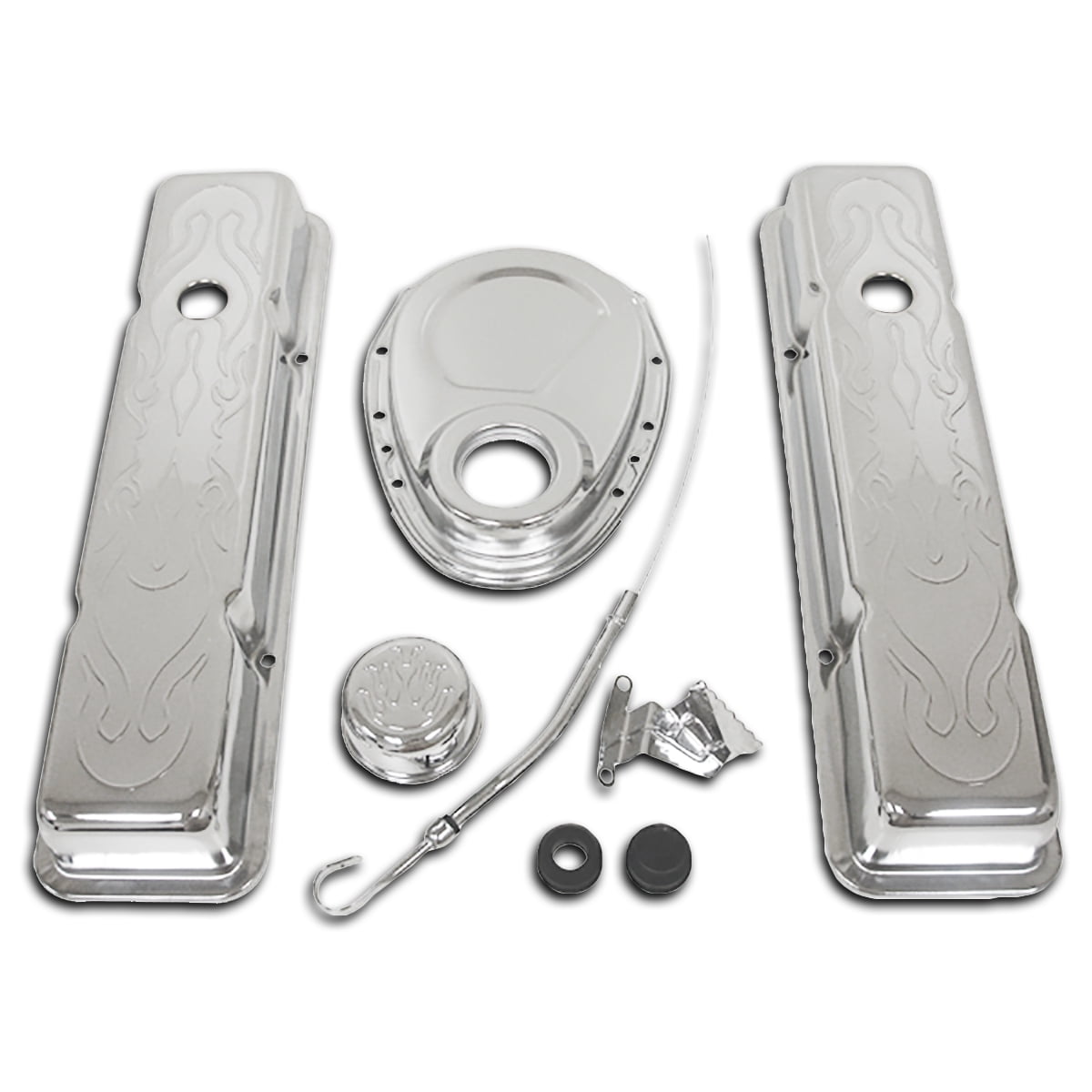 1958-86 Chevy Small Block 283-305-327-350 Chrome Steel Flamed Short Engine Dress Up Kit 