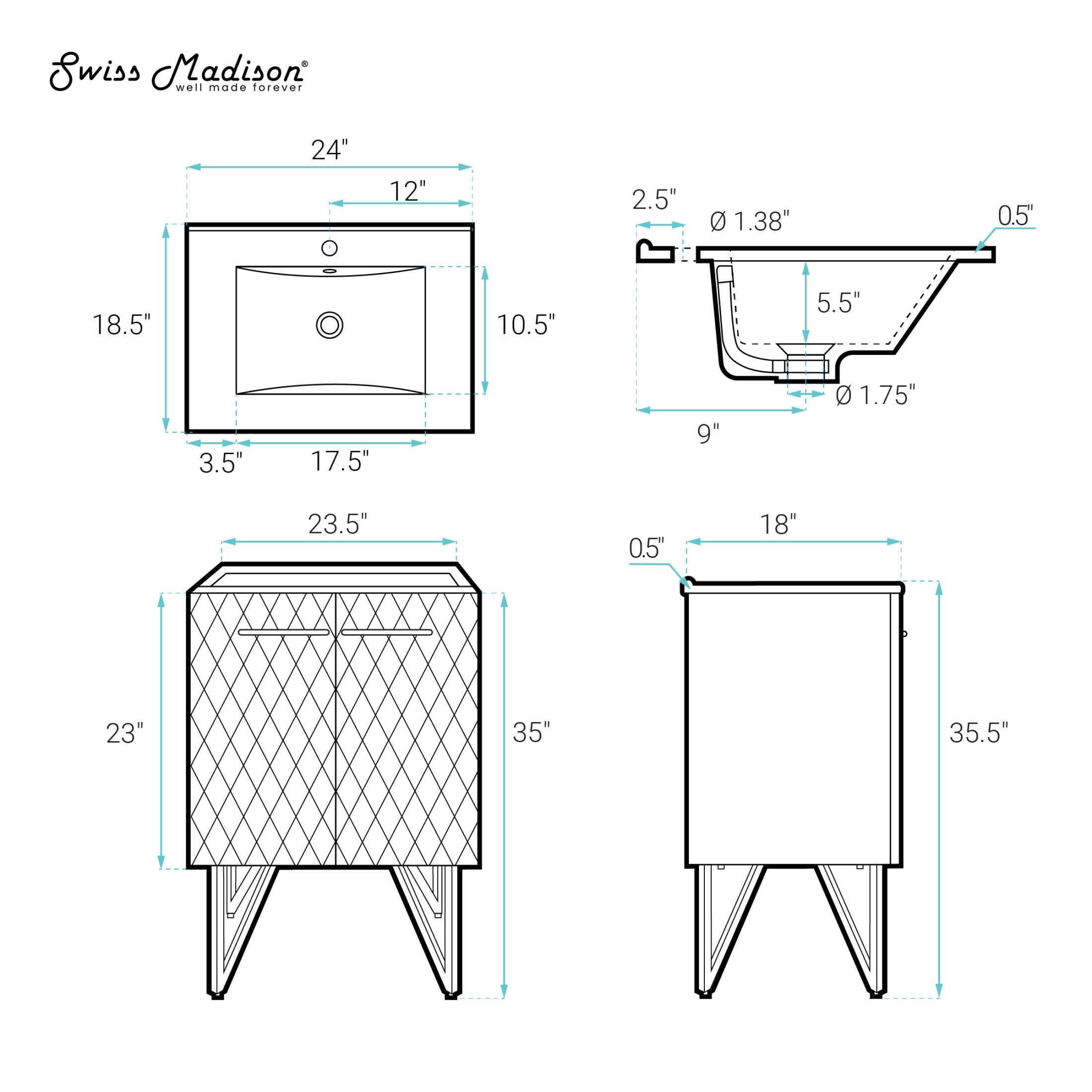 Annecy 24" Freestanding Bathroom Vanity in Diamond Gray with Sink Top