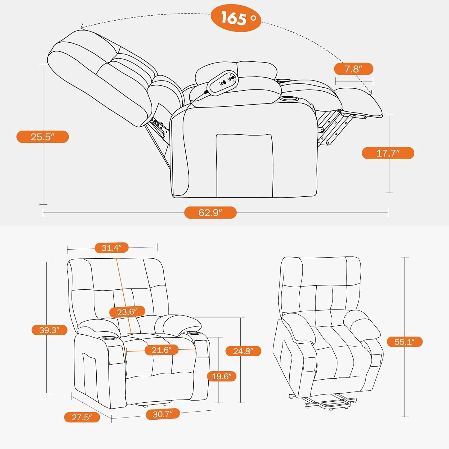 CONCETTA Indulge Adult Modern Lounge Chair Recliners with Massage and Sofa Bed, Gray