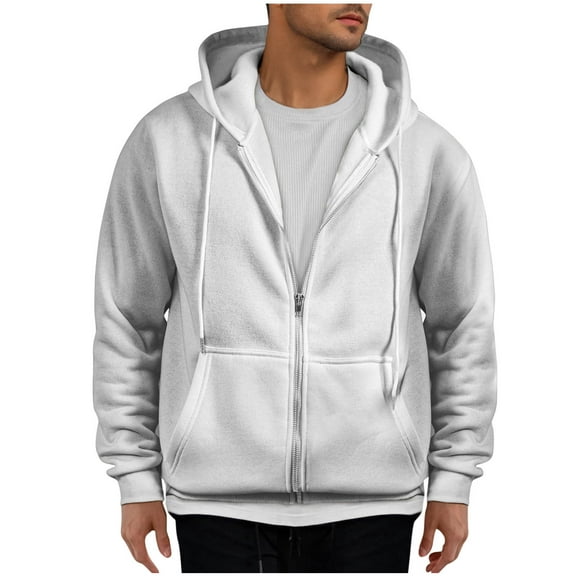 HAiming Mens Zipper Hooded Jacket Trendy Solid Drawstring Long Sleeved Sweatshirts Casual Loose Outwear with Pockets