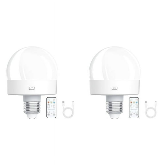 2X Rechargeable Battery Operated Light Bulbs, 300LM E26 Screw in Light Bulb for Lamps with Remote Control Dimmable&