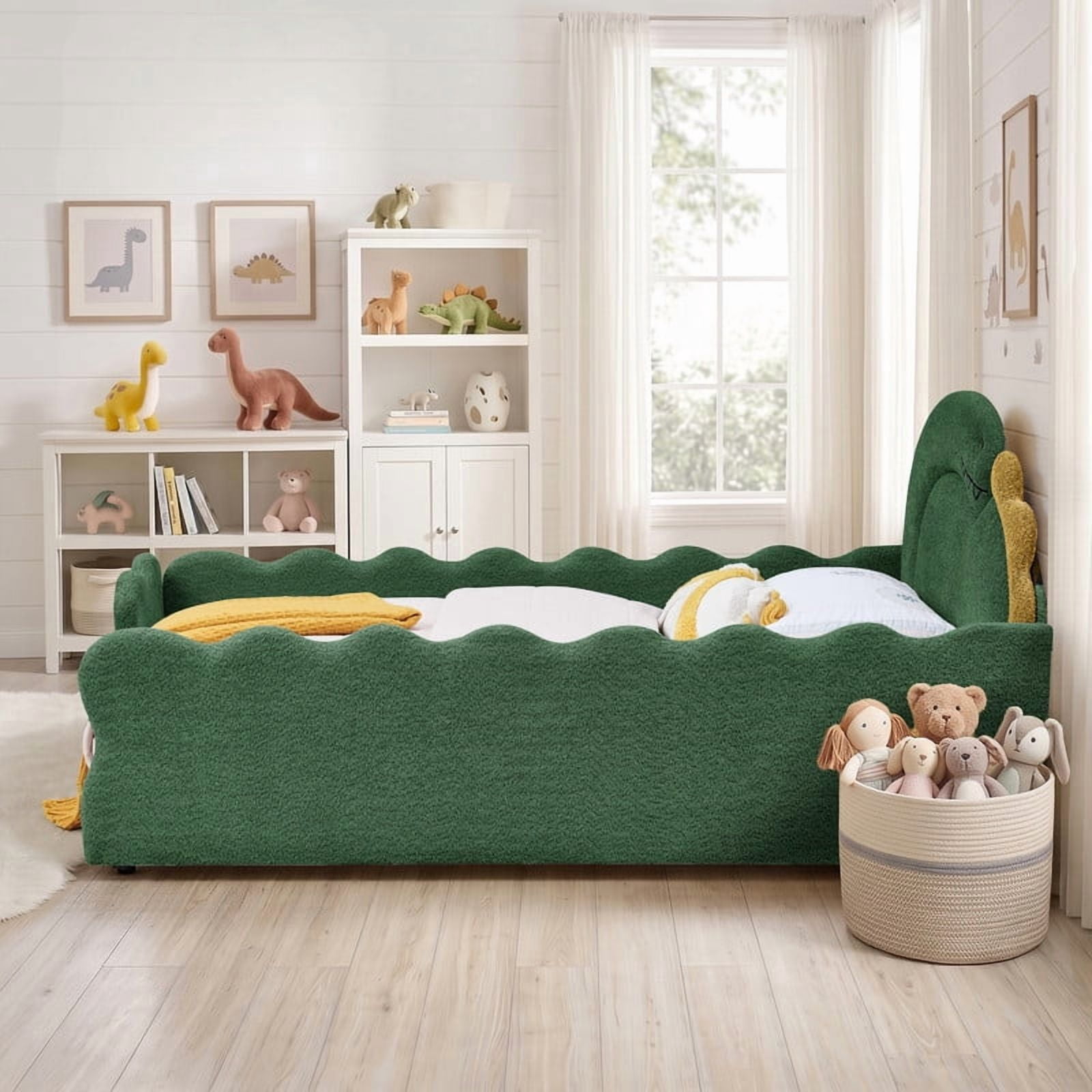 Full Size Kids Dinosaur-Shaped Platform Bed with Guardrails, Low-Profile Upholstered Boucle Fabric Playful Child Daybed Frame