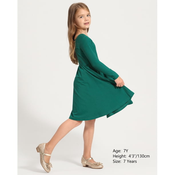 Stelle Long Sleeve Casual Sundress A-Line Twirly High Waisted Knee Length  Flare Swing Cross Back Skater Dress for Girls,Green,3T