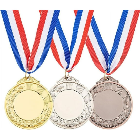 1 Box 3 Pcs Zinc Alloy Blank Medal 1.57inch Inner Diameter Flat Round Golden Platinum and Red Copper Award Medals with Neck Ribbon Sports Winner Wheat Medal Lanyard Medal for Trophy Award Gift