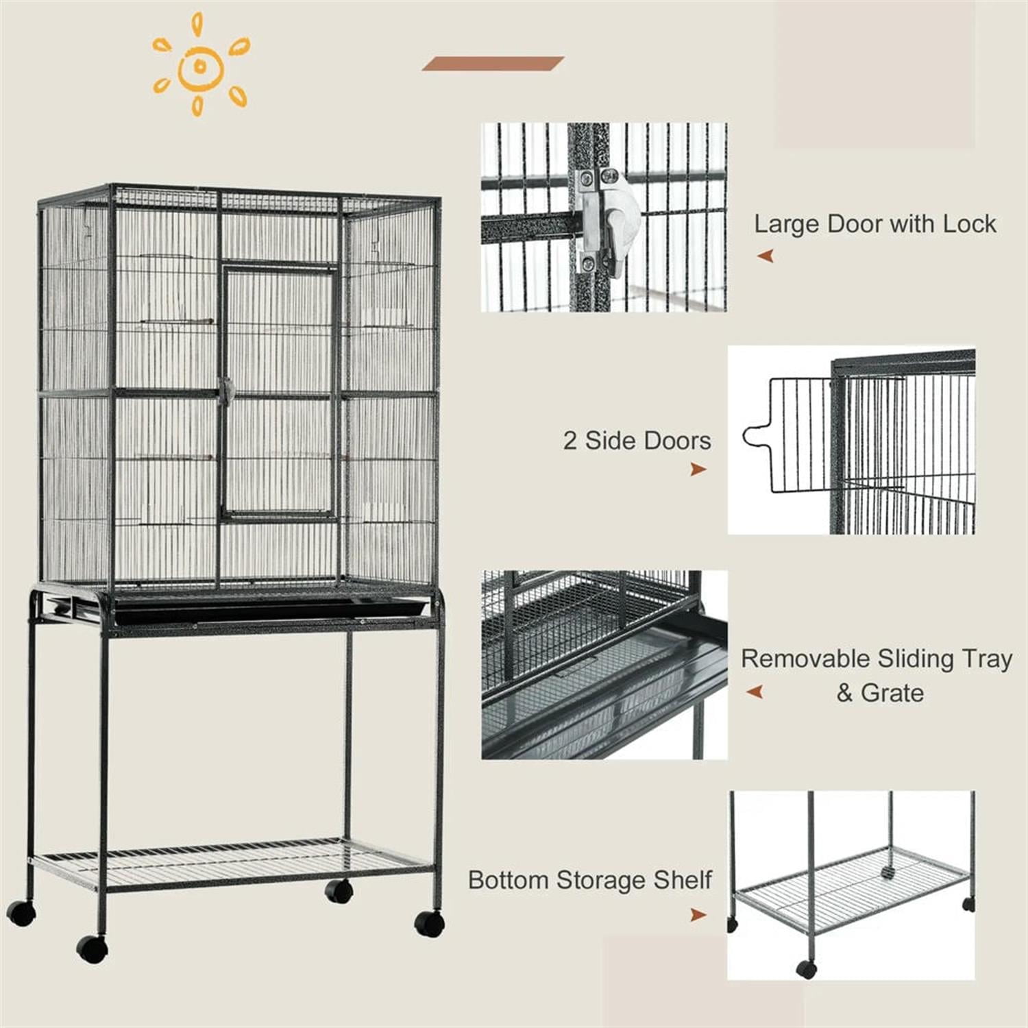 resenkos 64" Height Heavy Duty Travel Bird Cage Carrier with Rolling Stand, Wood Perch & Food Container for Parrots Conures Lovebird Cockatiel Parakeets, Black