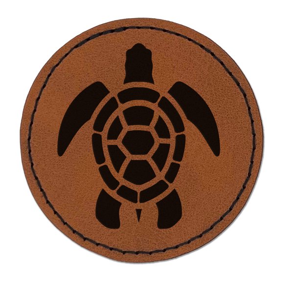 Sea Turtle Tribal 2.5" Faux Leather Round Engraved Iron-On Patch - Brown