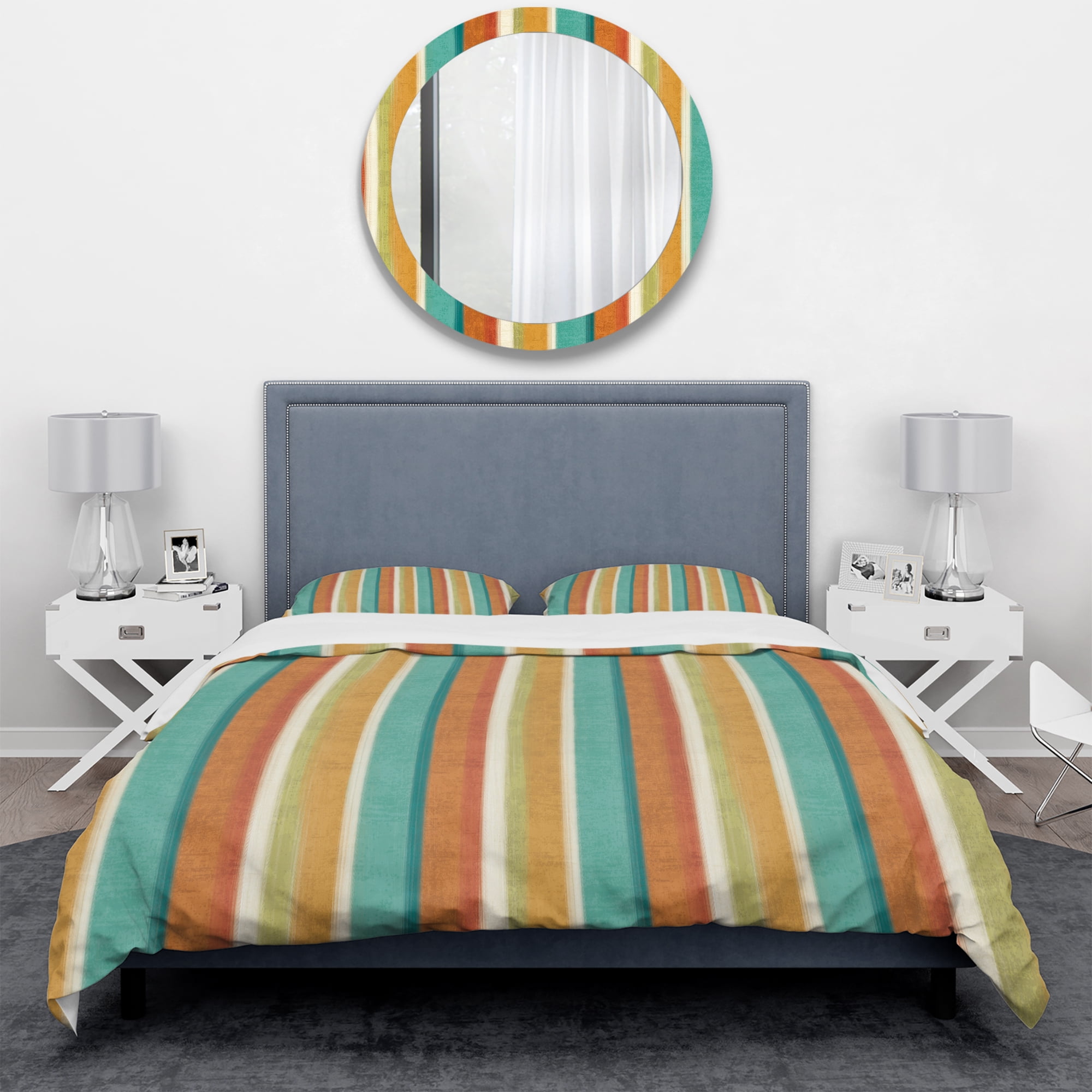 Designart 'Blue, Green and Orange Vertical Abstract Stripes' Geometric Duvet Cover Set
