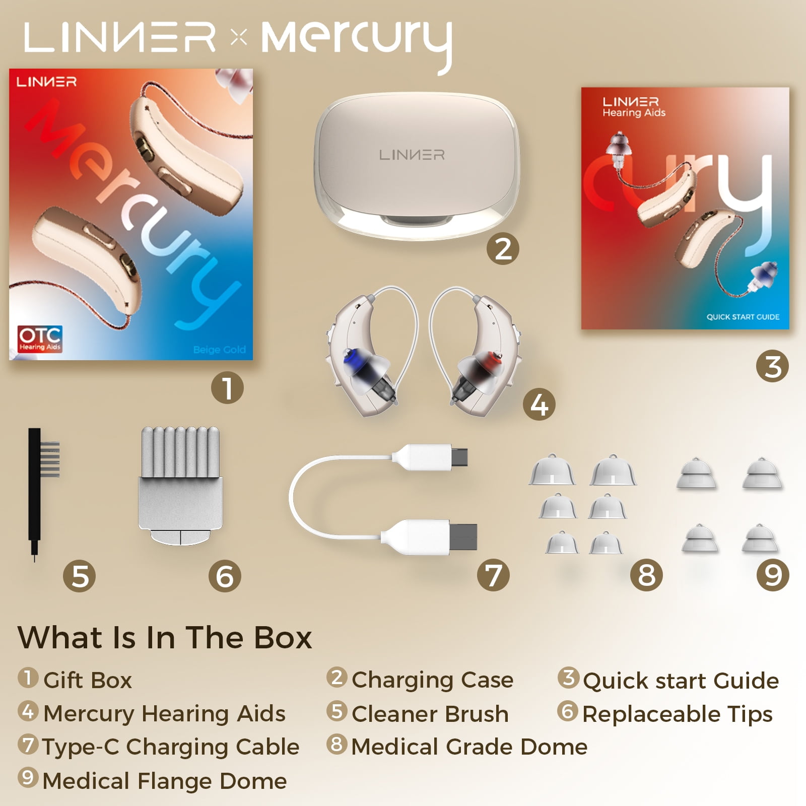 LINNER Mercury Hearing Aids Otc Rechargeable with Noise Cancellation, Bte Ric Style, 1 Pair, Beige