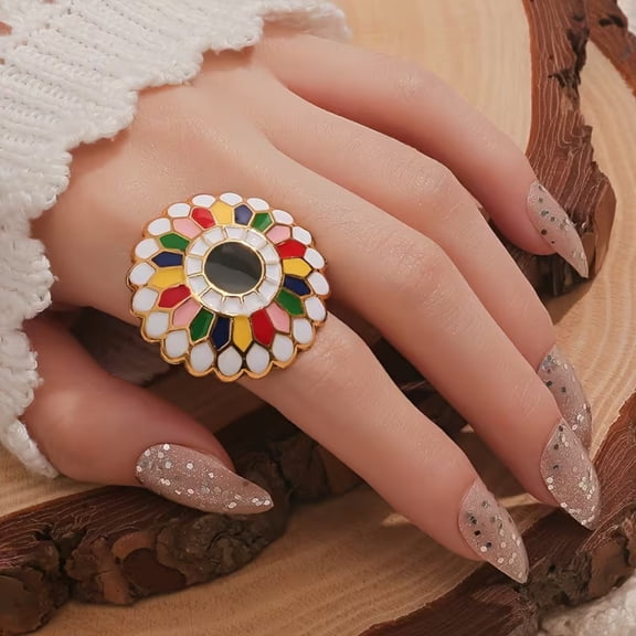 Oversize Blue Enamel Crystal Sun Statement Finger Ring For Women - Size 7 Elegant Fashion Jewelry