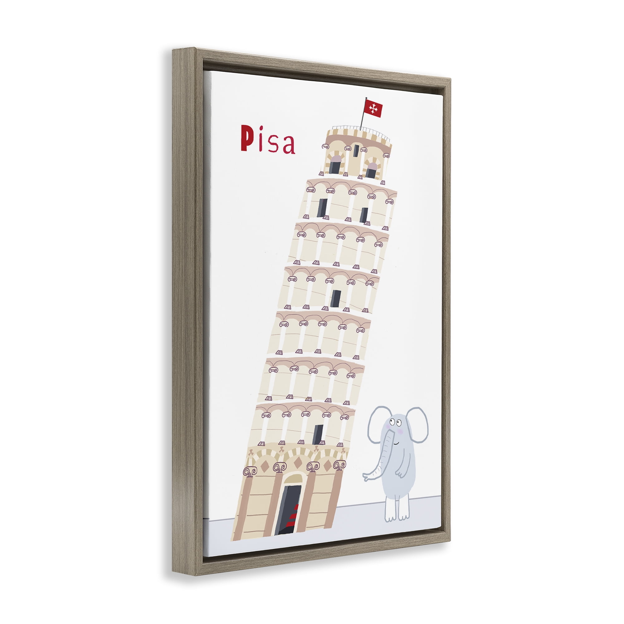 Elephant & Leaning Tower Pisa Brown Framed Floater Canvas Wall Art, design by Carla Daly
