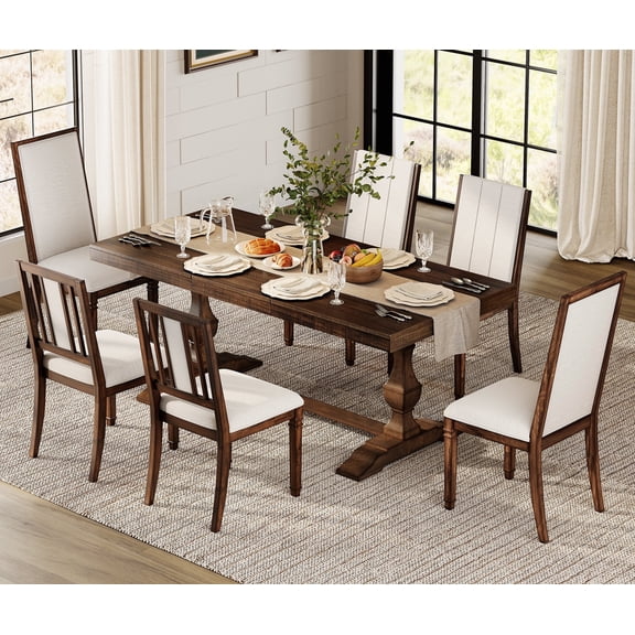 WAMPAT 7-pieces Farmhouse Dining Table Set for 6-8,74.8" Kitchen Table with Chairs,Solid Wood Legs and Upholstered Back for Dining Room & Living Room,Espresso Brown