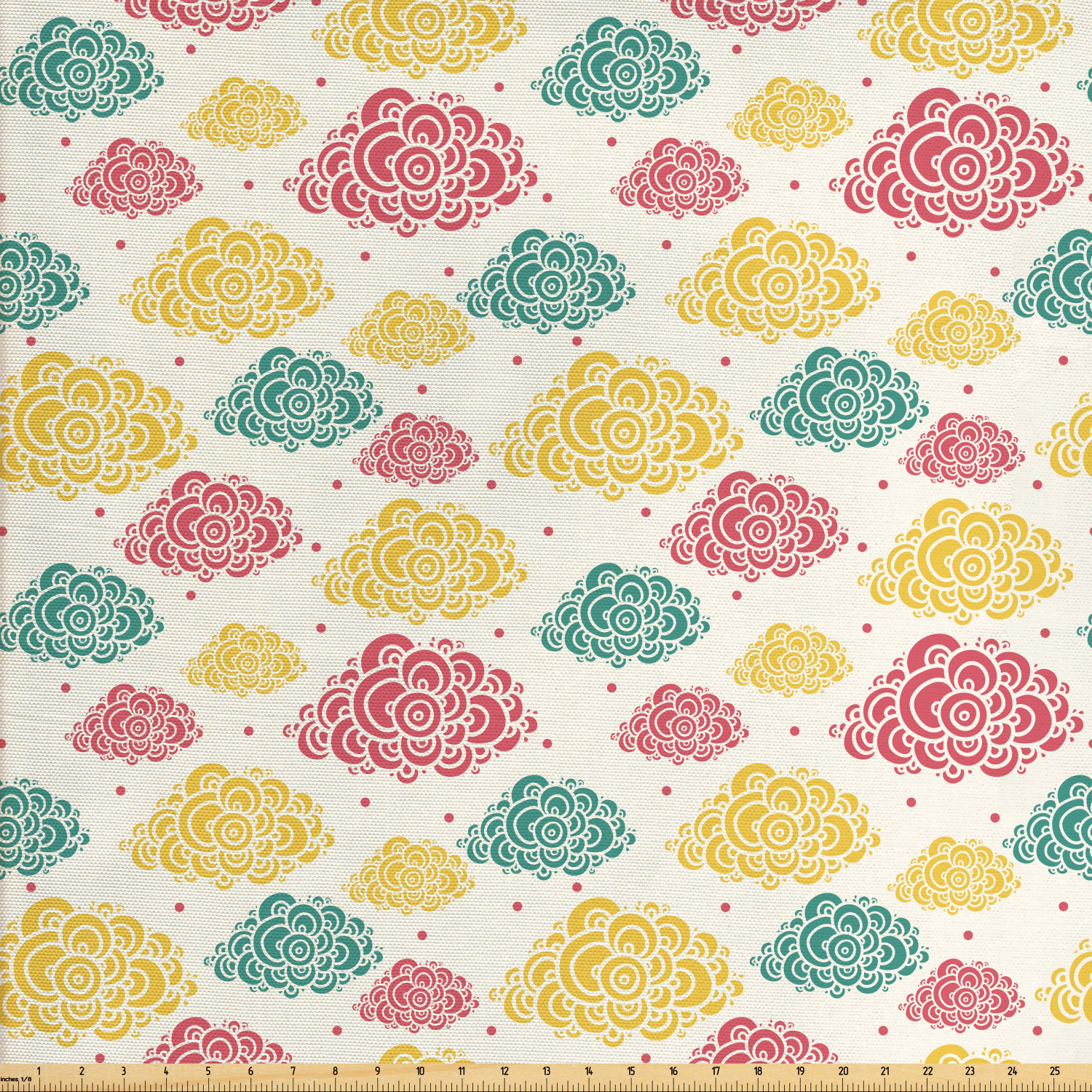 Clouds Fabric by The Yard, Abstract Multicolored Cumulus Clouds with Semi Circles and Dots