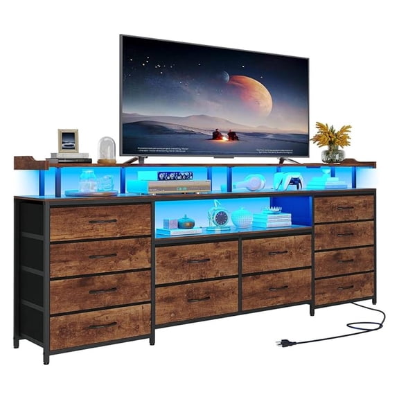 TV Stand Dresser for 65 Inch TV, 63" W Dresser with & Power Outlets, Rustic Brown Long Dresser with 12 Fabric Drawers, Entertainment Center with Shelves,for Bedroom
