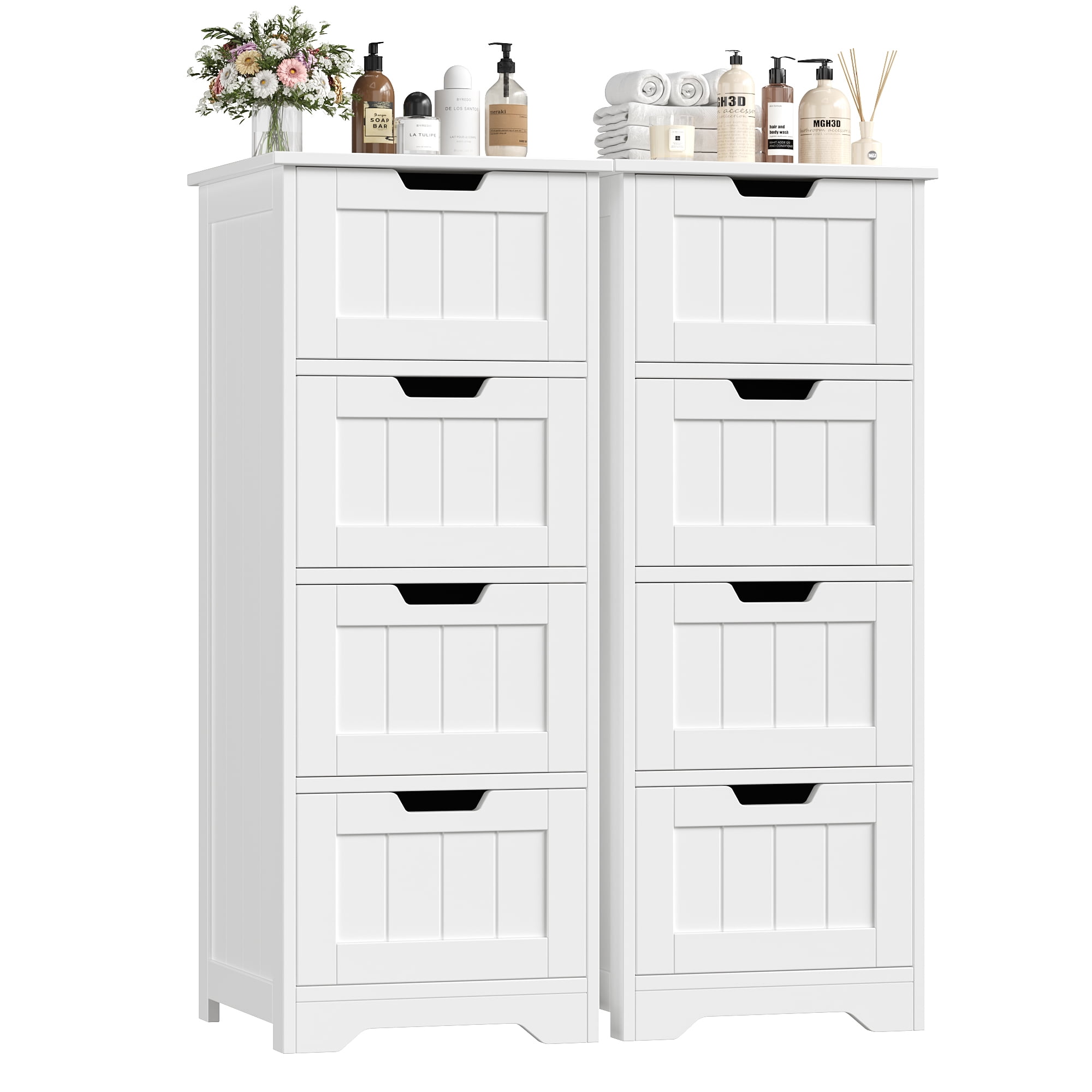 Homfa Bathroom Storage Cabinet, Free Standing Narrow Cabinet with 4 Drawers Entryway Storage Organizer for Living Room Bedroom, 2PCS, White