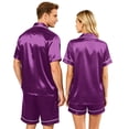 thumbnail image 4 of Dwelliawo Mens Satin Silk Pajamas Sets Short Sleeve Button-Down Sleepwear Two Piece Loungewear with Pockets Purple XL, 4 of 6