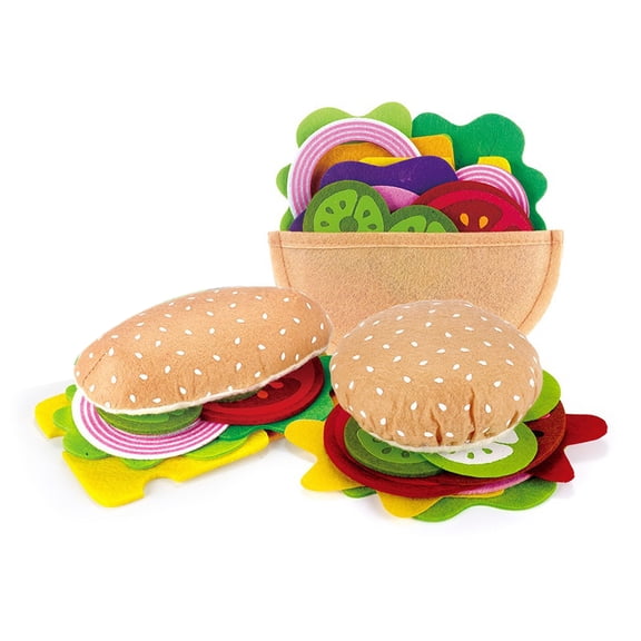 Primegos 28 Pcs/Set Soft Felt Play Food Set Hamburger Sandwich Stacking Toy with Beef Steak Vegetables Pretend Play Food Kitchen Toy for Kids